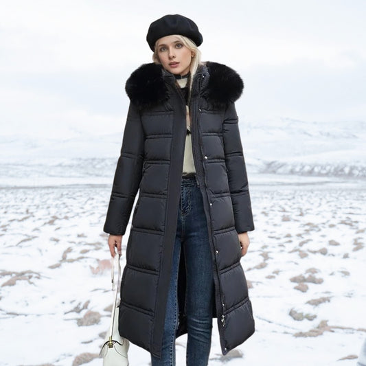 Langer Damen-Winterparka mit Fellkapuze, Bindegürtel und wasserabweisender Oberfläche in Schwarz