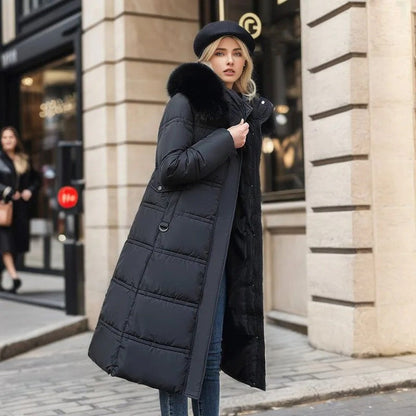 Langer Damen-Winterparka mit Fellkapuze, Bindegürtel und wasserabweisender Oberfläche, Ansicht 10