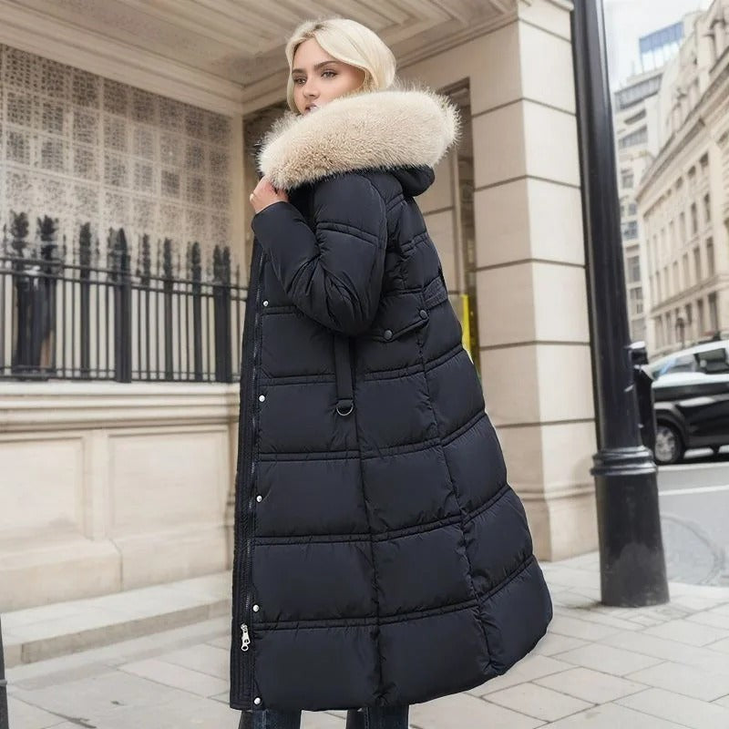 Langer Damen-Winterparka mit Fellkapuze, Bindegürtel und wasserabweisender Oberfläche, Ansicht 12