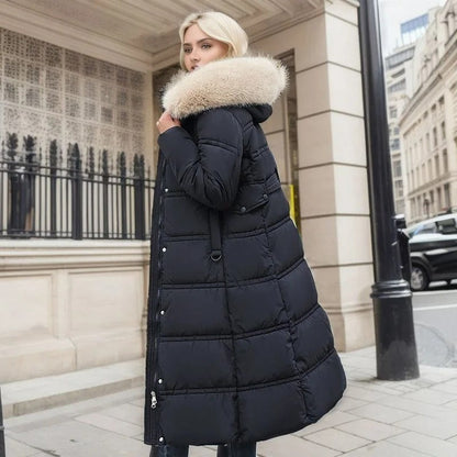 Langer Damen-Winterparka mit Fellkapuze, Bindegürtel und wasserabweisender Oberfläche, Ansicht 12