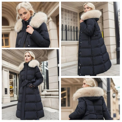 Langer Damen-Winterparka mit Fellkapuze, Bindegürtel und wasserabweisender Oberfläche, Ansicht 13