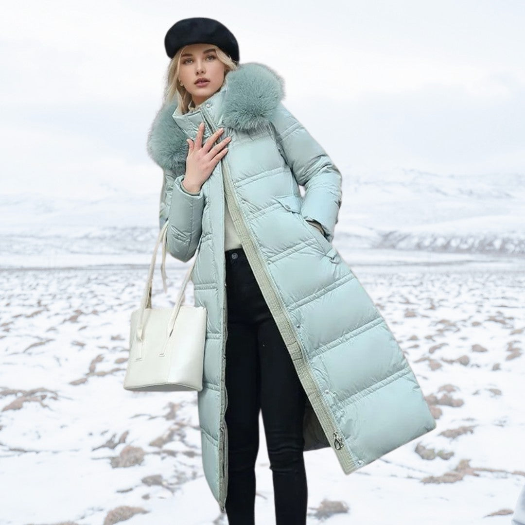 Langer Damen-Winterparka mit Fellkapuze, Bindegürtel und wasserabweisender Oberfläche in Blau