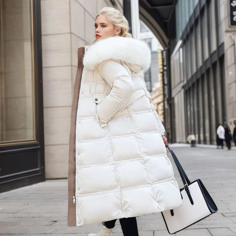 Langer Damen-Winterparka mit Fellkapuze, Bindegürtel und wasserabweisender Oberfläche, Ansicht 15