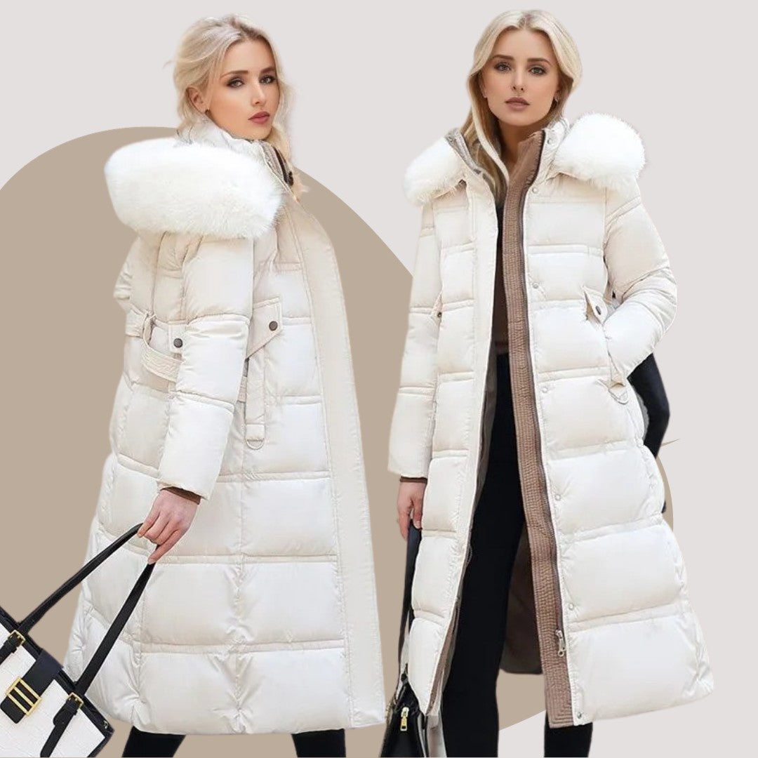 Langer Damen-Winterparka mit Fellkapuze, Bindegürtel und wasserabweisender Oberfläche, Ansicht 18