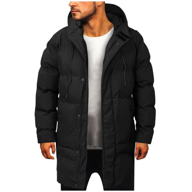 Langer gesteppter Herren-Parka mit verstellbarer Kapuze und warmem Futter für kalte Tage in Schwarz