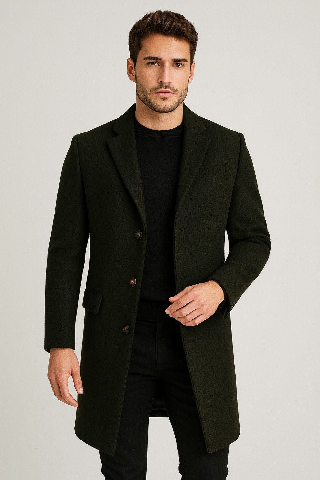 Langer Herren-Mantel mit Reverskragen, Knopfleiste und Pattentaschen für Büro und Winter, Ansicht 7