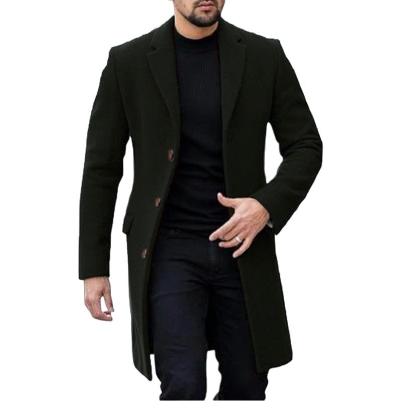 Langer Herren-Mantel mit Reverskragen, Knopfleiste und Pattentaschen für Büro und Winter, Ansicht 8