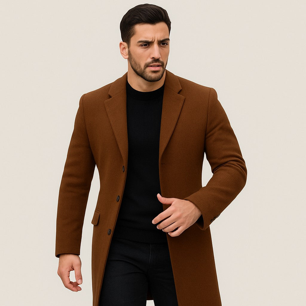 Langer Herren-Mantel mit Reverskragen, Knopfleiste und Pattentaschen für Büro und Winter, Ansicht 9
