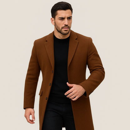 Langer Herren-Mantel mit Reverskragen, Knopfleiste und Pattentaschen für Büro und Winter, Ansicht 9