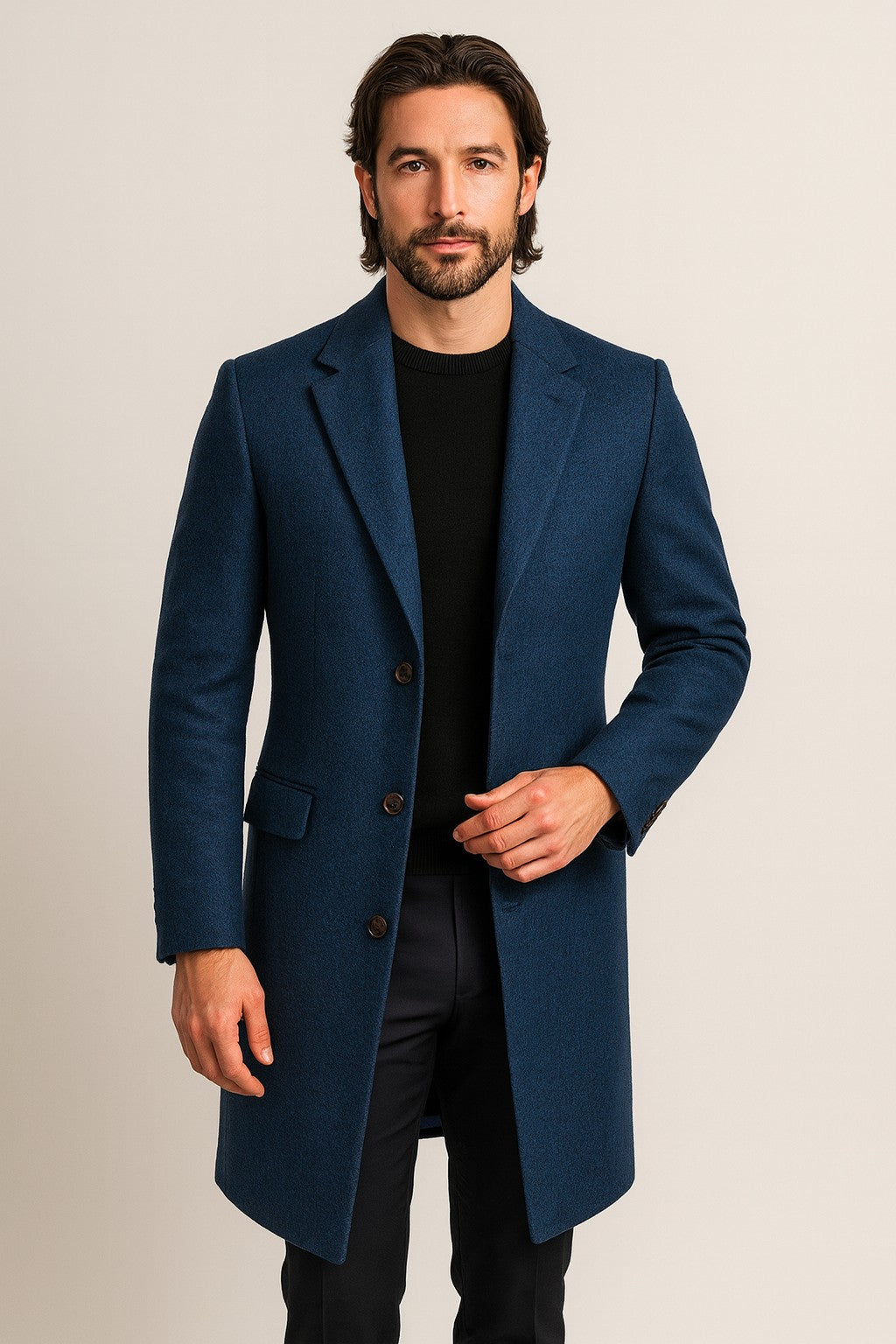 Langer Herren-Mantel mit Reverskragen, Knopfleiste und Pattentaschen für Büro und Winter in Blau