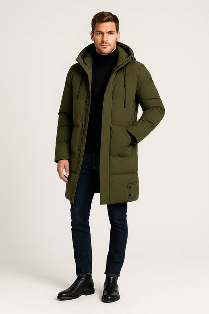 Langer Herren-Parka mit verstellbarer Kapuze, Reißverschluss und Knöpfen für den Winter in Grün