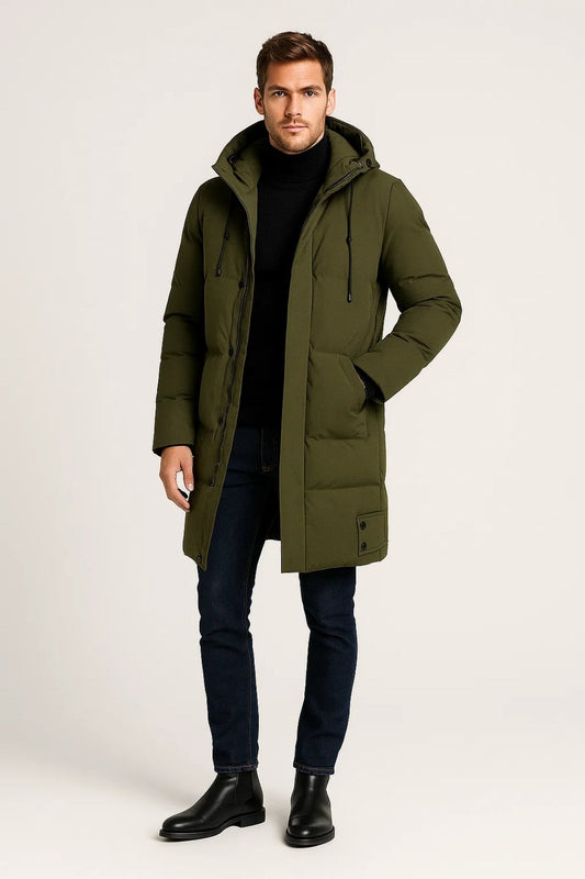 Langer Herren-Parka mit verstellbarer Kapuze, Reißverschluss und Knöpfen für den Winter in Grün