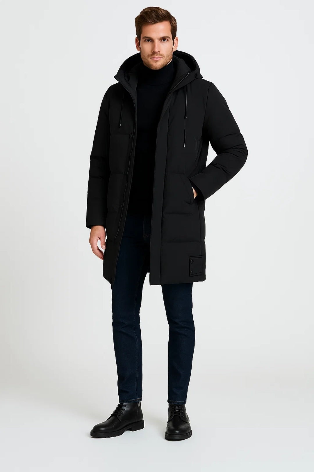 Langer Herren-Parka mit verstellbarer Kapuze, Reißverschluss und Knöpfen für den Winter in Schwarz