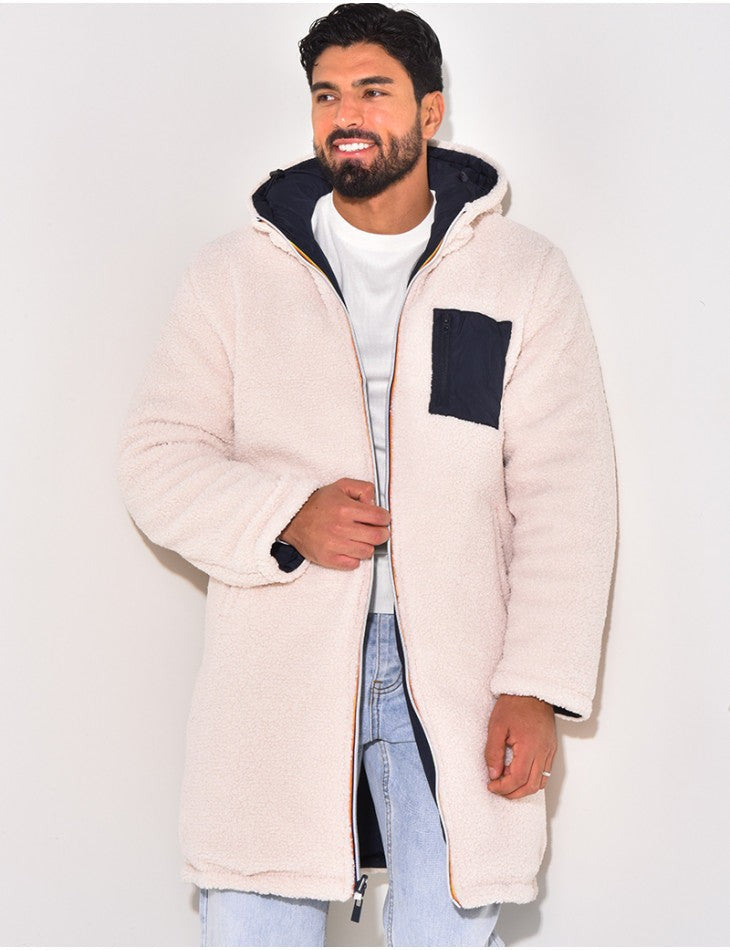 Langer Herren-Teddymantel mit Kapuze, Reißverschluss und aufgesetzter Brusttasche in Beige