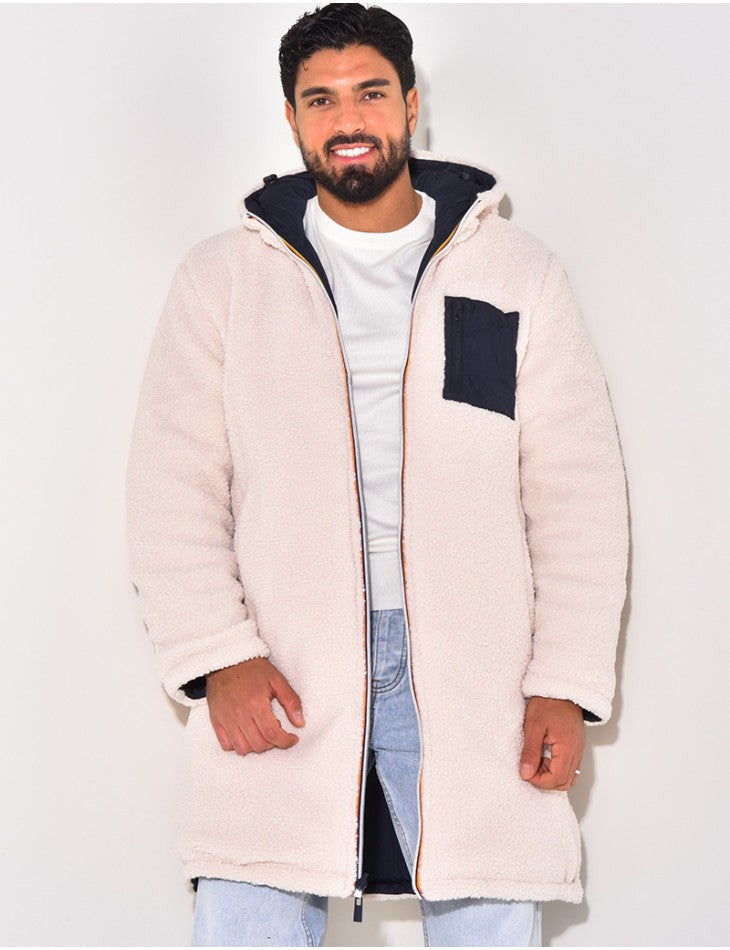 Langer Herren-Teddymantel mit Kapuze, Reißverschluss und aufgesetzter Brusttasche, Ansicht 3