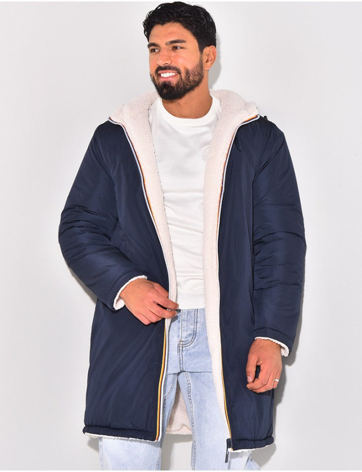 Langer Herren-Teddymantel mit Kapuze, Reißverschluss und aufgesetzter Brusttasche, Ansicht 4