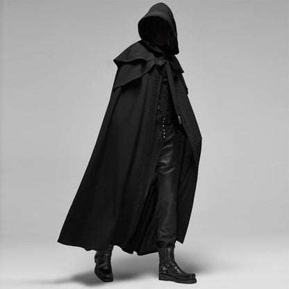 Langer Kapuzenumhang im Mittelalter-Stil aus Polyester und Baumwolle mit Knopfverschluss am Hals in Schwarz