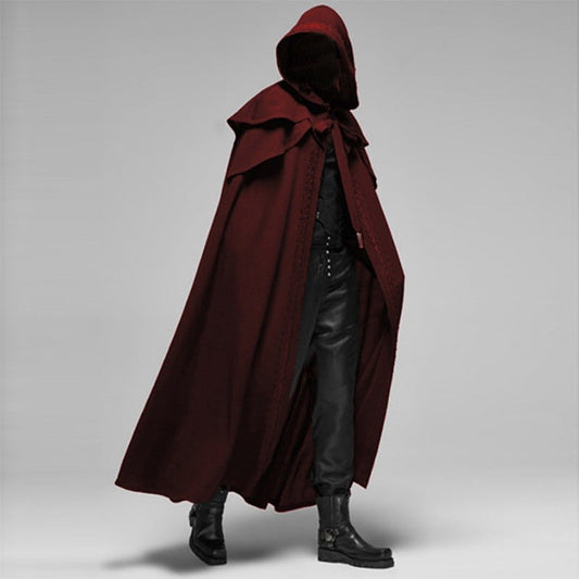 Langer Kapuzenumhang im Mittelalter-Stil aus Polyester und Baumwolle mit Knopfverschluss am Hals in Rot