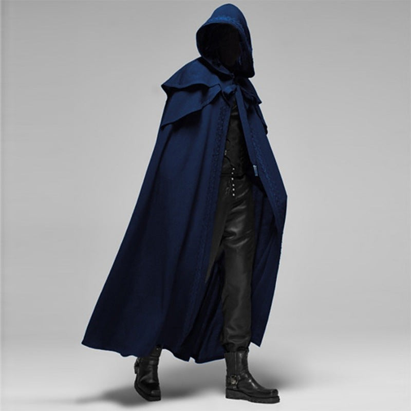 Langer Kapuzenumhang im Mittelalter-Stil aus Polyester und Baumwolle mit Knopfverschluss am Hals in Blau