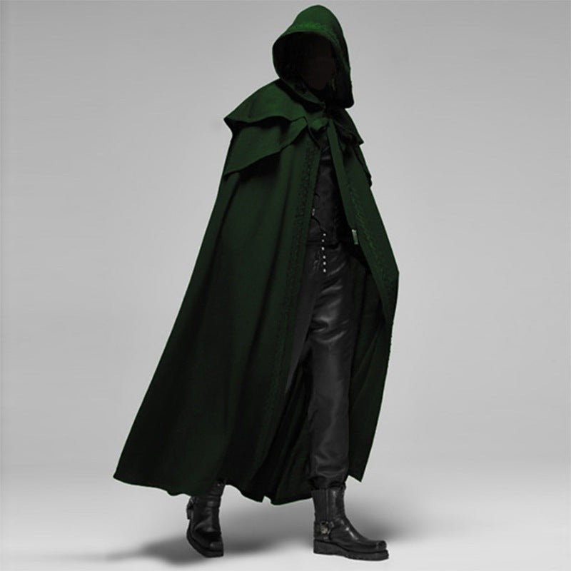 Langer Kapuzenumhang im Mittelalter-Stil aus Polyester und Baumwolle mit Knopfverschluss am Hals in Grün