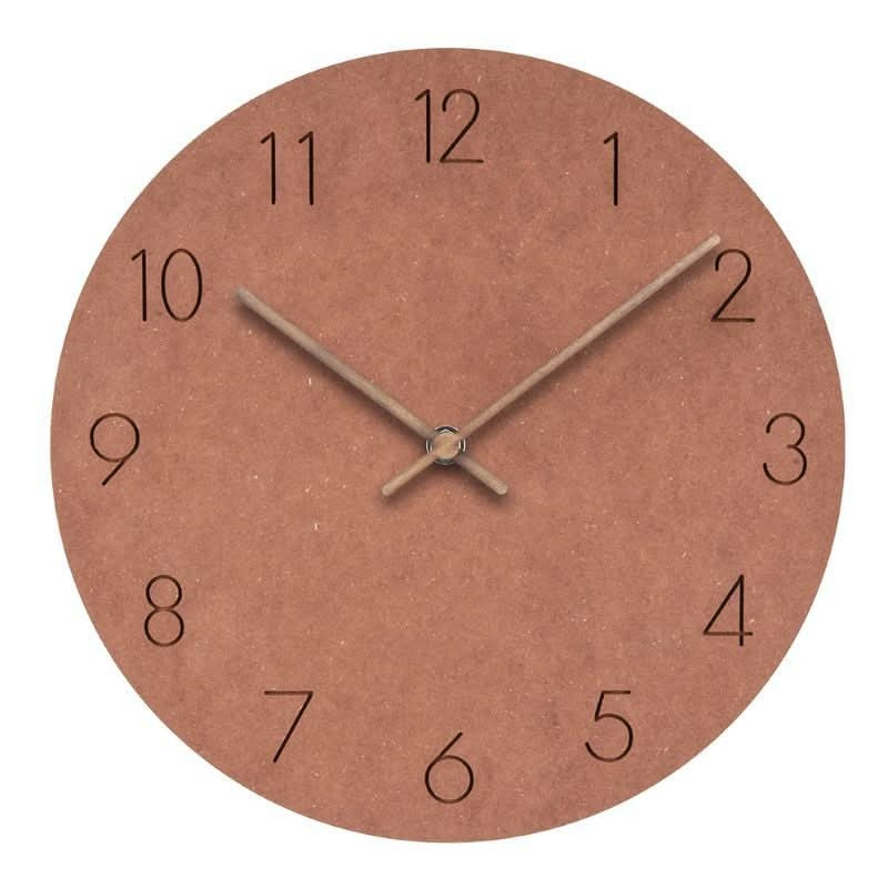 Lautlose Wanduhr aus MDF mit Zeigern aus Walnussholz im skandinavischen Design in Orange