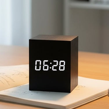 LED-Digitalwecker im Würfeldesign mit Temperaturanzeige, Datum und Nachtmodus, Betrieb per USB oder Batterie in Schwarz mit weißer Anzeige
