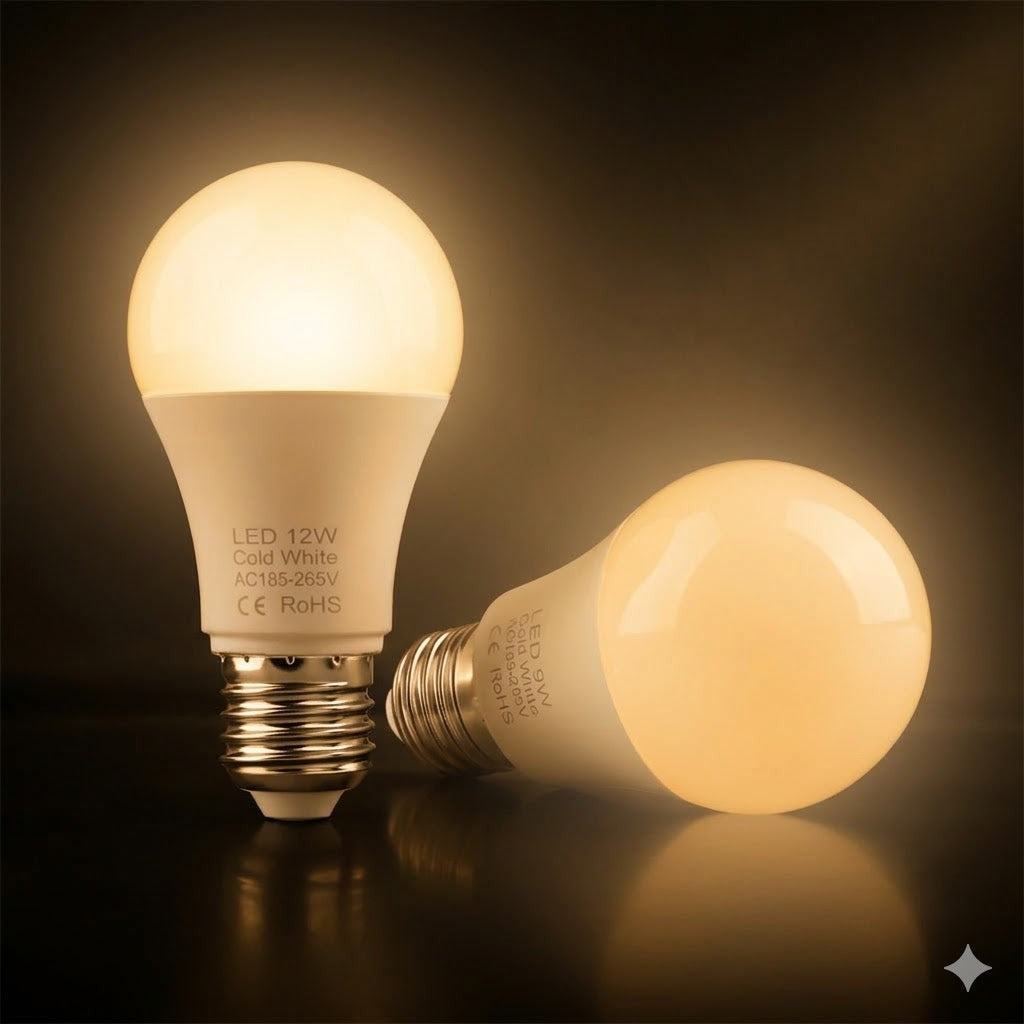 Zwei leuchtende LED-Glühbirnen mit E27-Sockel in warmem Licht