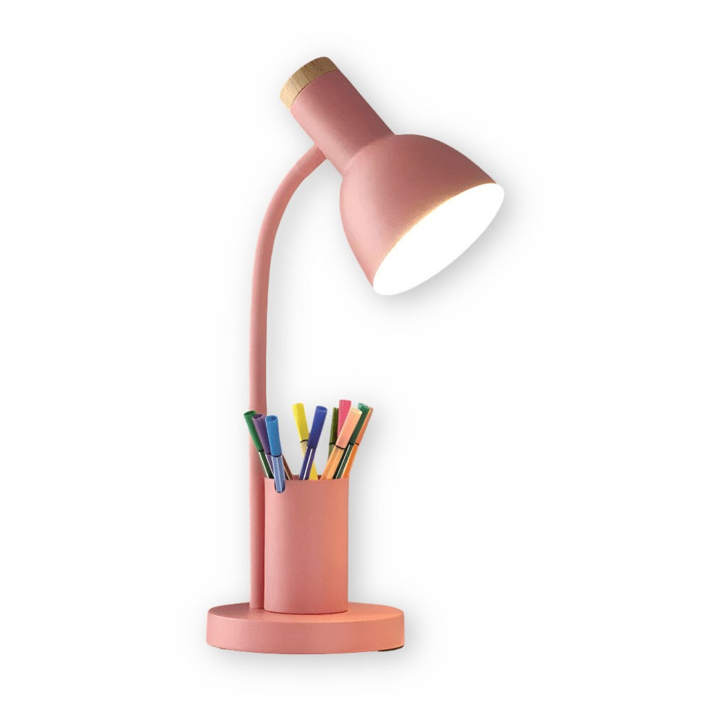 LED-Schreibtischlampe aus Metall mit integriertem Stifthalter und drei Lichtfarben für Büro und Homeoffice in Rosa