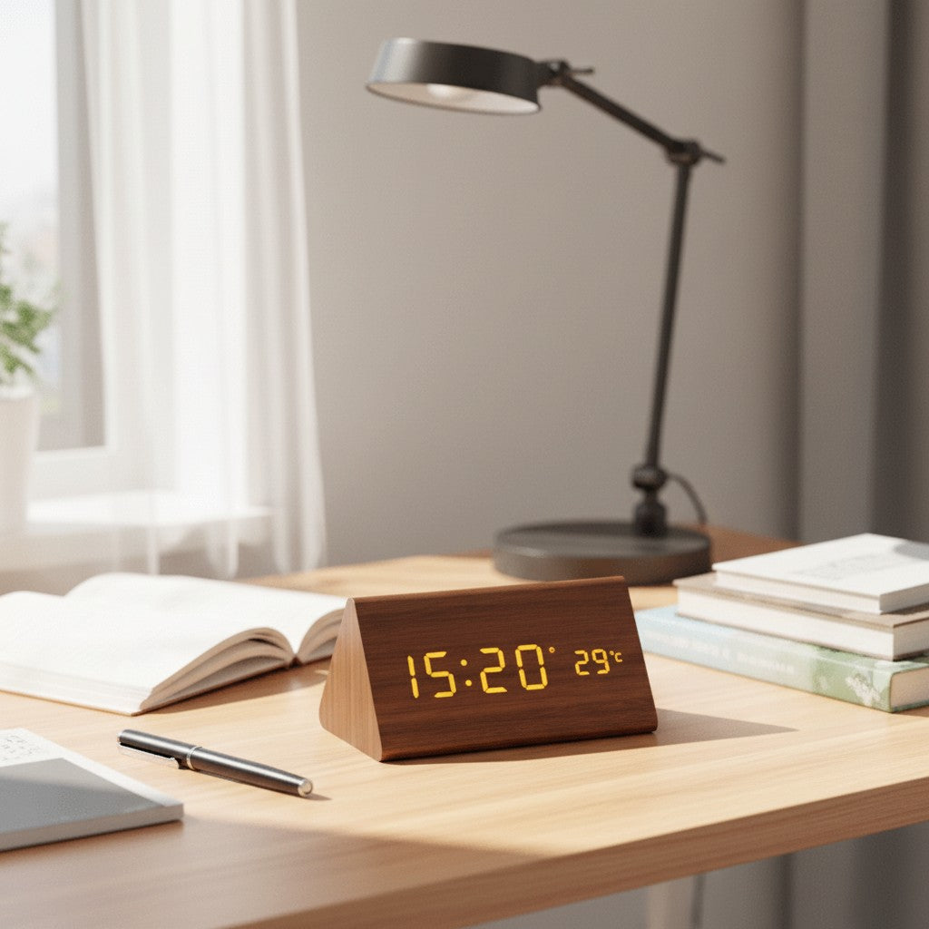 LED-Wecker aus Holz mit Geräuschsteuerung, dimmbarer Anzeige und USB-Anschluss, Ansicht 10