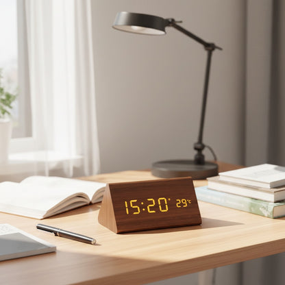 LED-Wecker aus Holz mit Geräuschsteuerung, dimmbarer Anzeige und USB-Anschluss, Ansicht 10