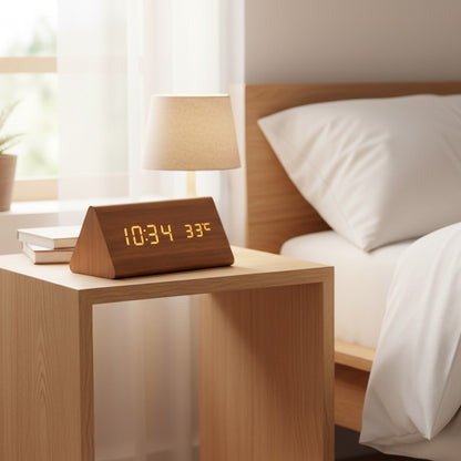 LED-Wecker aus Holz mit Geräuschsteuerung, dimmbarer Anzeige und USB-Anschluss, Ansicht 11