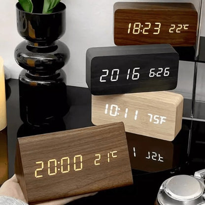 LED-Wecker aus Holz mit Geräuschsteuerung, dimmbarer Anzeige und USB-Anschluss, Ansicht 12