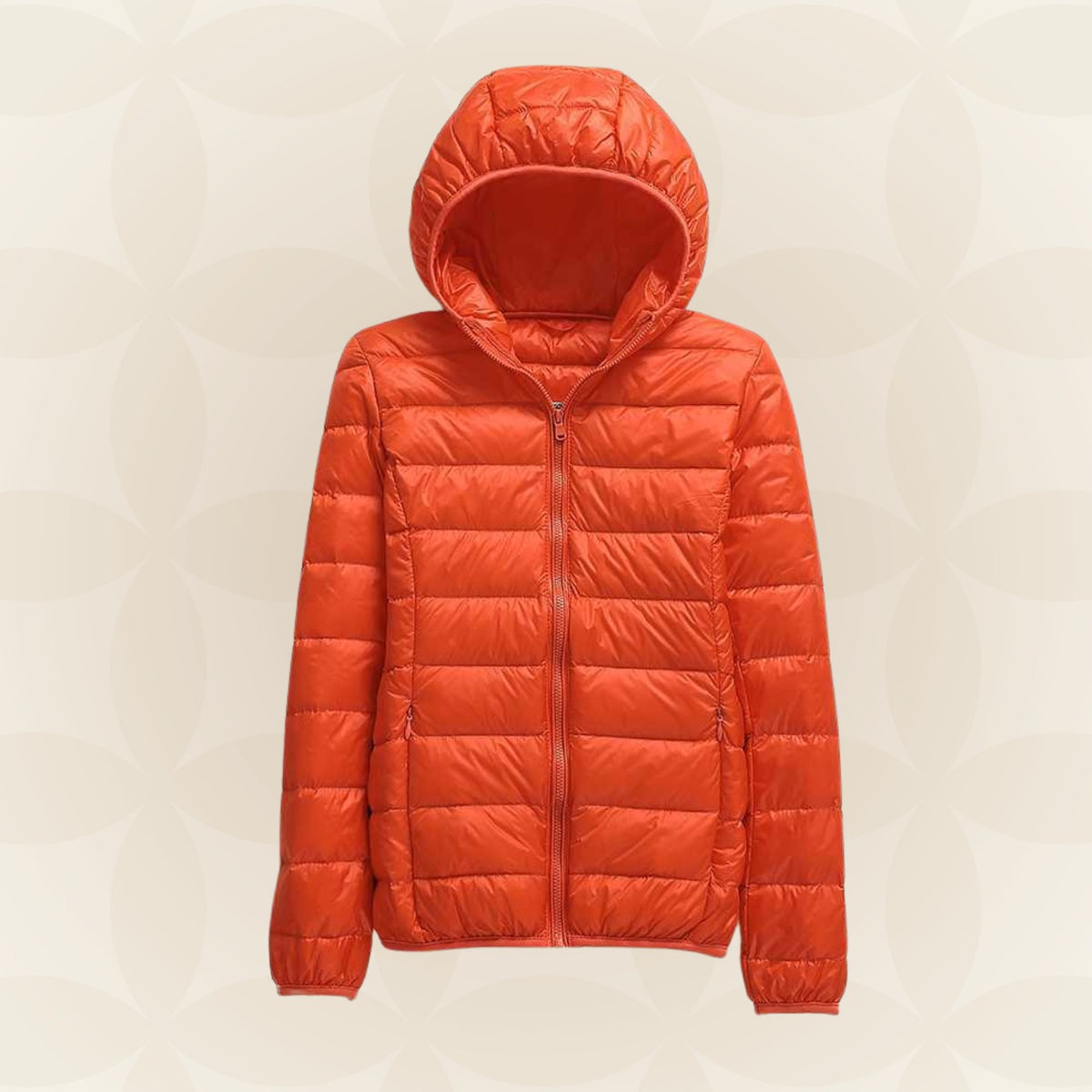 Leichte Damen-Steppjacke mit Kapuze und Reißverschluss für die Übergangszeit in Orange