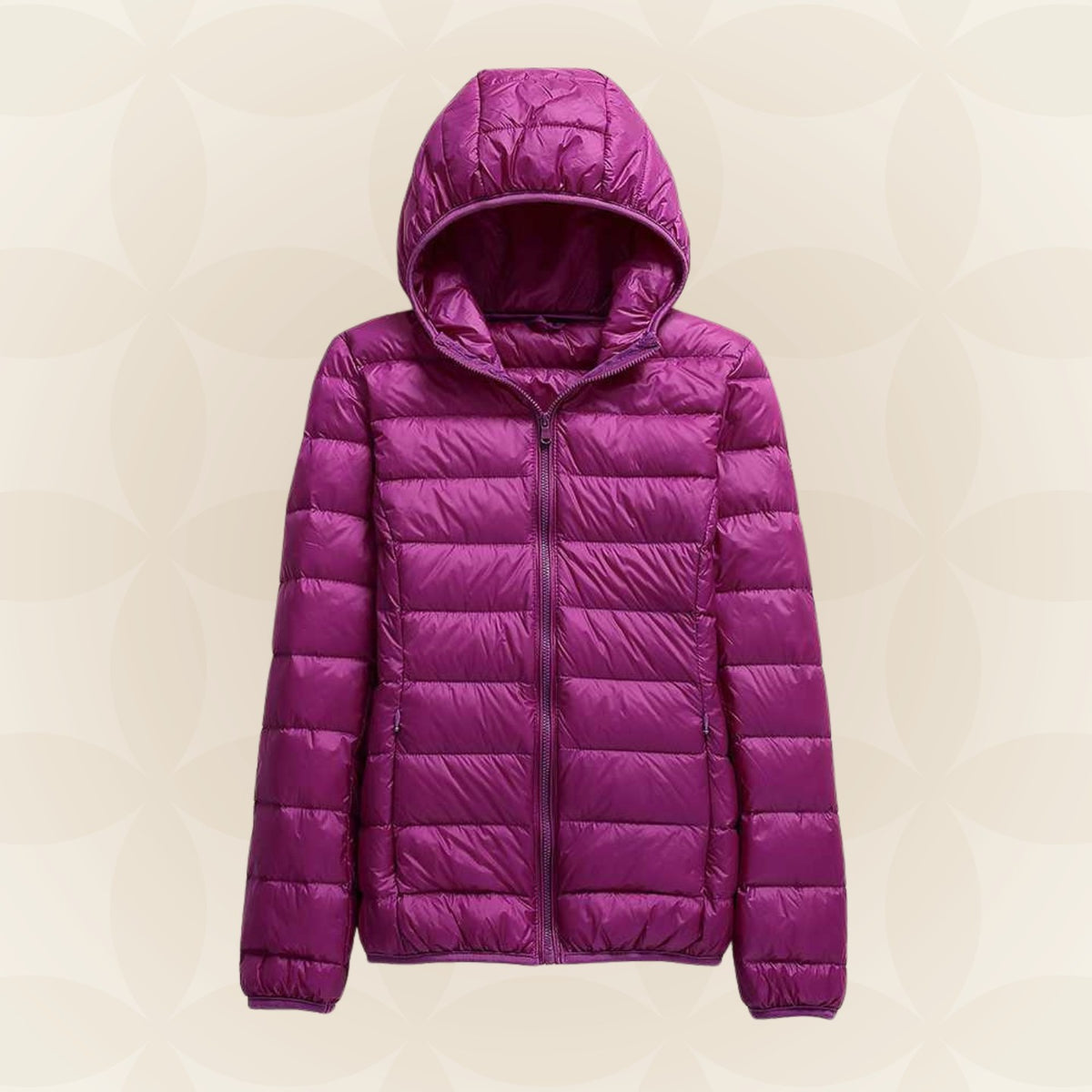 Leichte Damen-Steppjacke mit Kapuze und Reißverschluss für die Übergangszeit in Lila