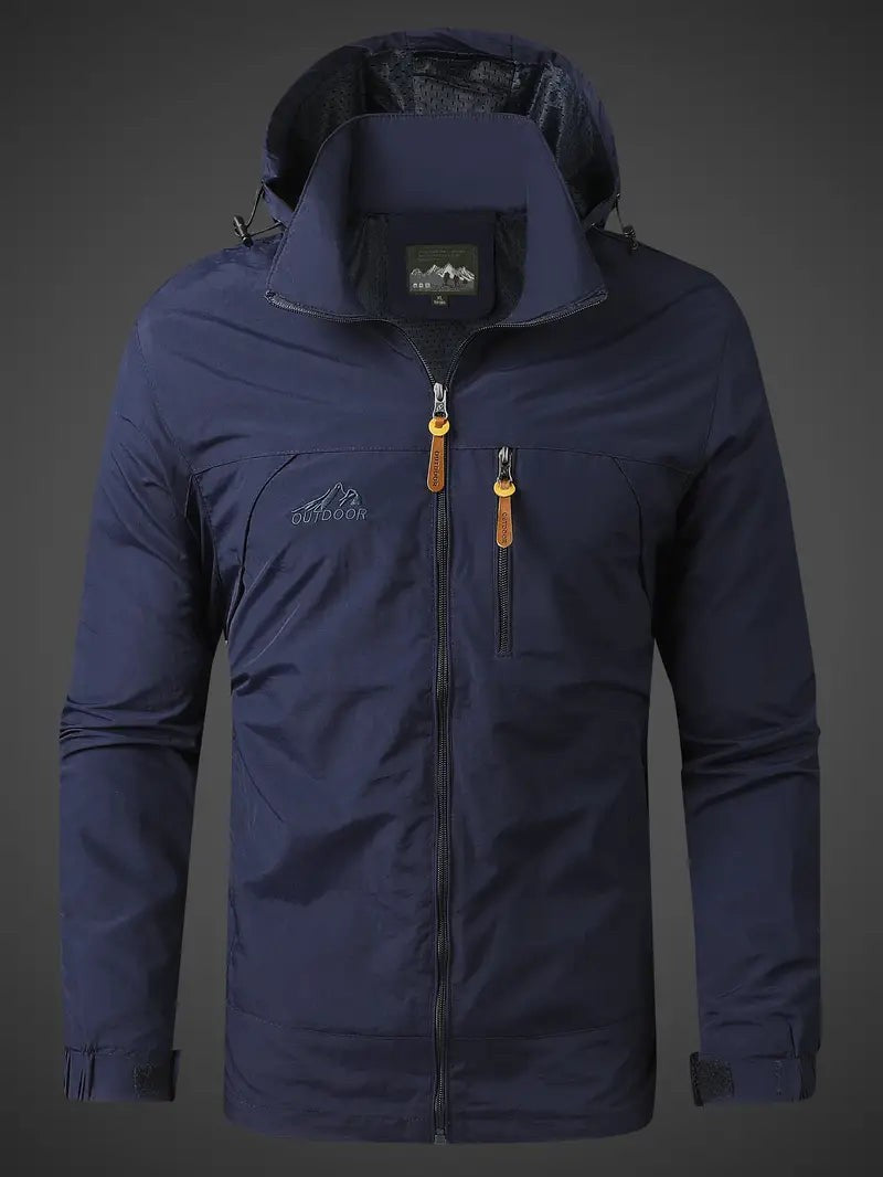 Leichte Herren-Outdoorjacke mit Kapuze, Stehkragen und Brusttasche für Wind und leichten Regen in Dunkelblau