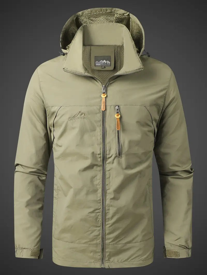 Leichte Herren-Outdoorjacke mit Kapuze, Stehkragen und Brusttasche für Wind und leichten Regen in Khaki