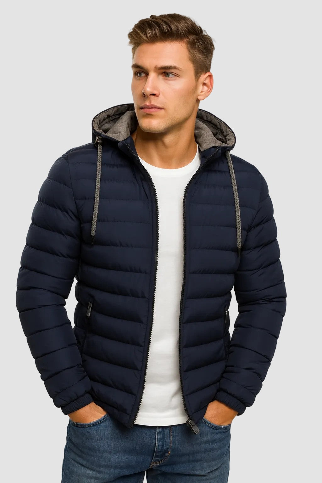 Leichte Herren-Steppjacke mit verstellbarer Kapuze und Reißverschluss für Frühling und Herbst in Marineblau