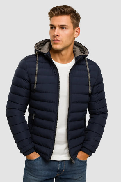 Leichte Herren-Steppjacke mit verstellbarer Kapuze und Reißverschluss für Frühling und Herbst in Marineblau