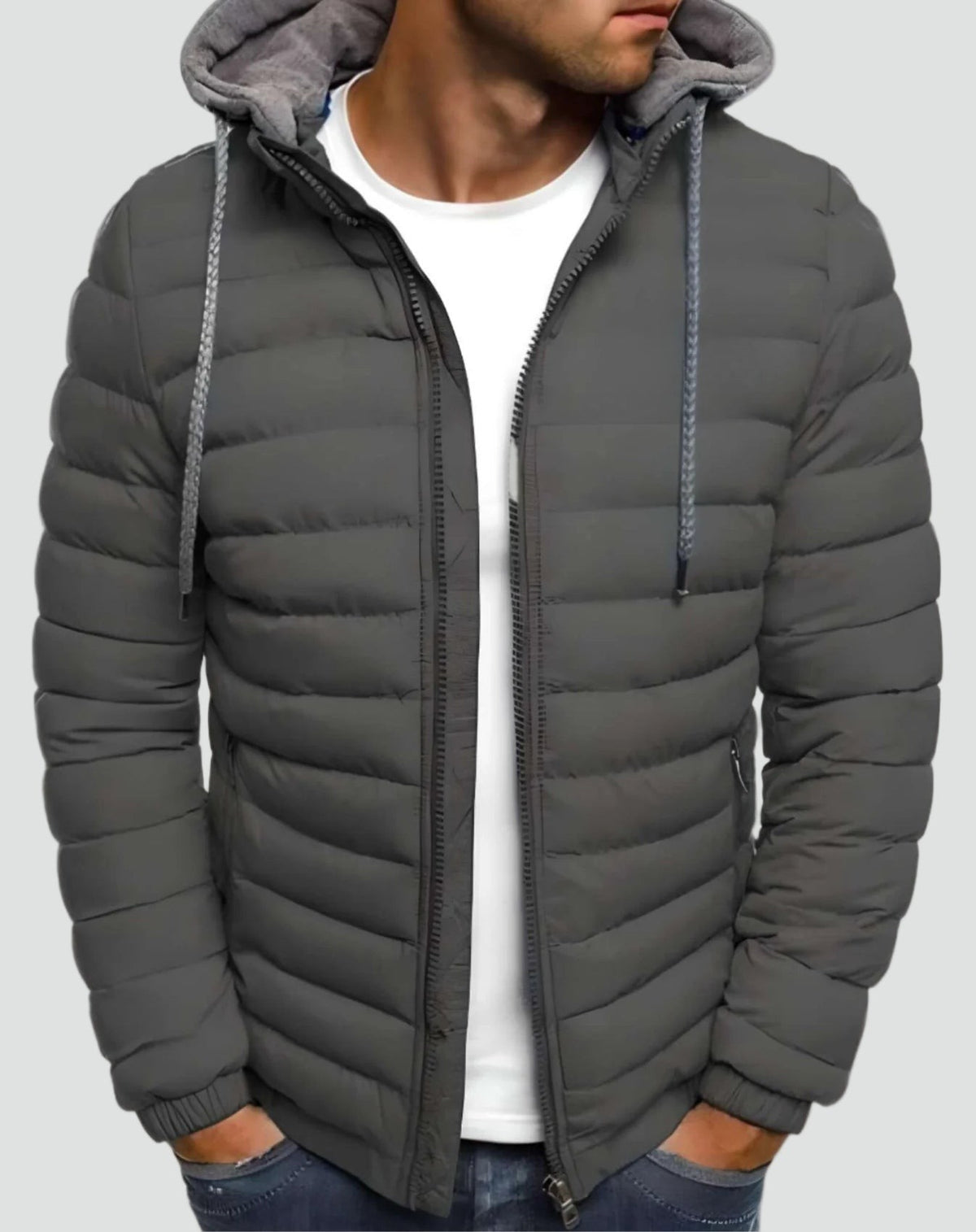 Leichte Herren-Steppjacke mit verstellbarer Kapuze und Reißverschluss für Frühling und Herbst in Grau