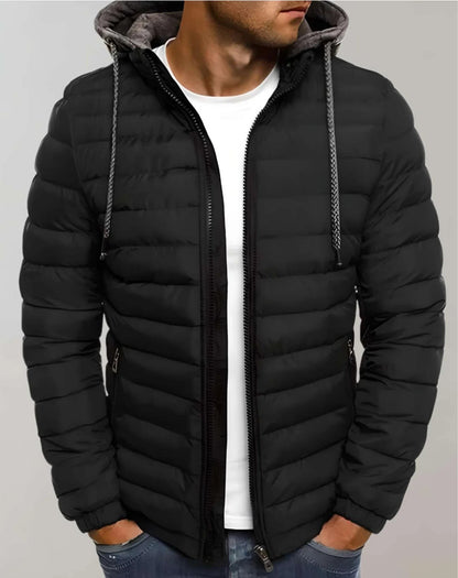 Leichte Herren-Steppjacke mit verstellbarer Kapuze und Reißverschluss für Frühling und Herbst in Schwarz