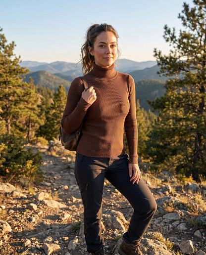 Leichter Damen-Rollkragenpullover aus Rippstrick mit schmaler Passform in Dunkelbraun