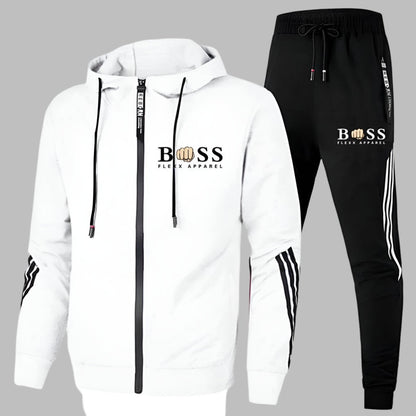 Leichter Trainingsanzug für Herren aus atmungsaktivem Polyester mit Kapuzenjacke und Jogginghose in Weiß