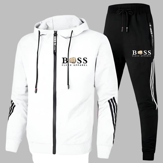 Leichter Trainingsanzug für Herren aus atmungsaktivem Polyester mit Kapuzenjacke und Jogginghose in Weiß