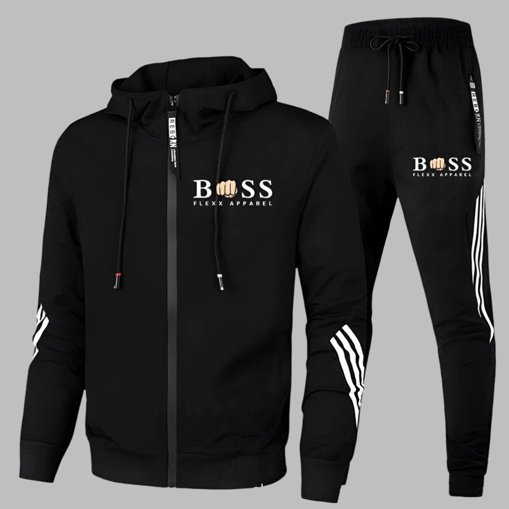 Leichter Trainingsanzug für Herren aus atmungsaktivem Polyester mit Kapuzenjacke und Jogginghose in Schwarz
