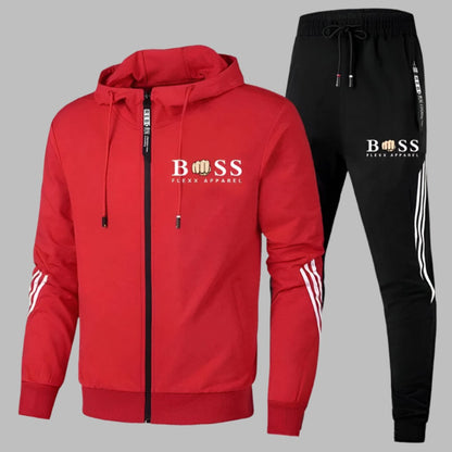 Leichter Trainingsanzug für Herren aus atmungsaktivem Polyester mit Kapuzenjacke und Jogginghose in Rot