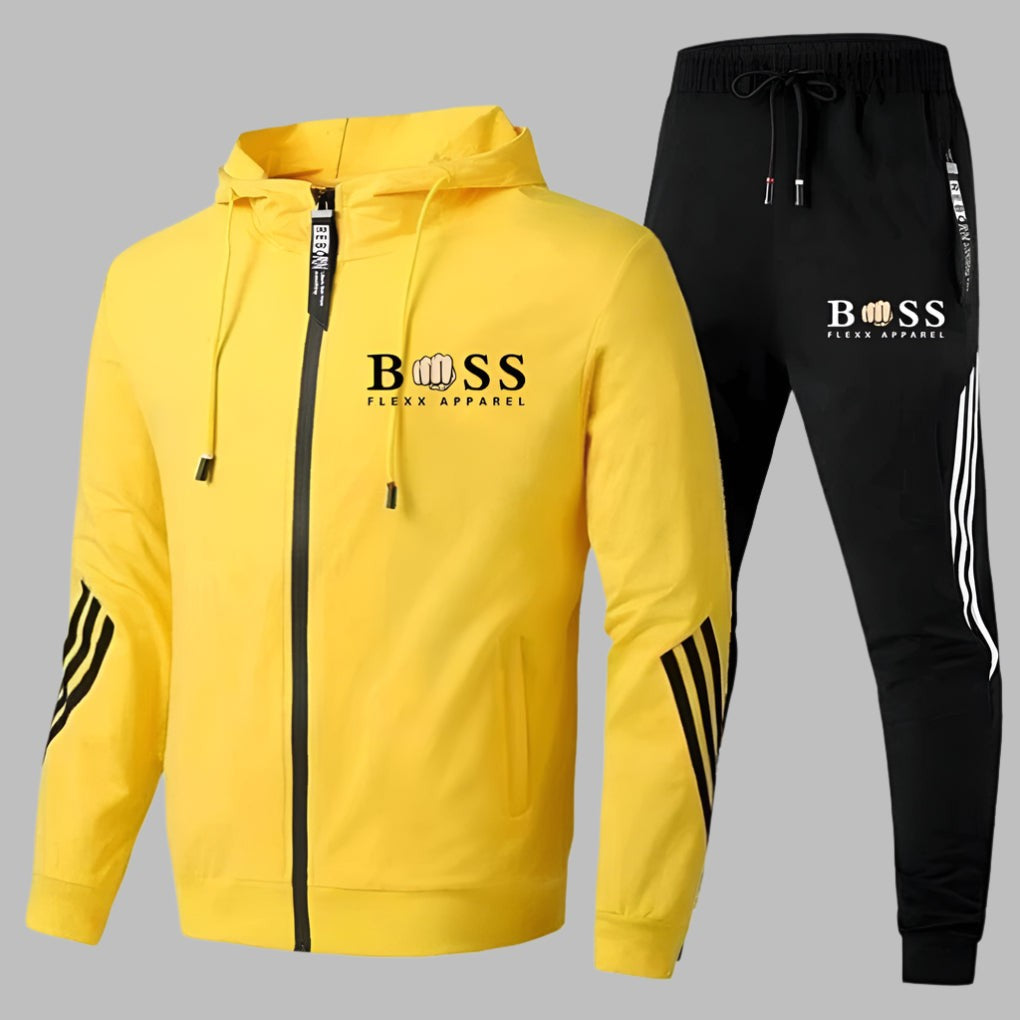 Leichter Trainingsanzug für Herren aus atmungsaktivem Polyester mit Kapuzenjacke und Jogginghose in Gelb