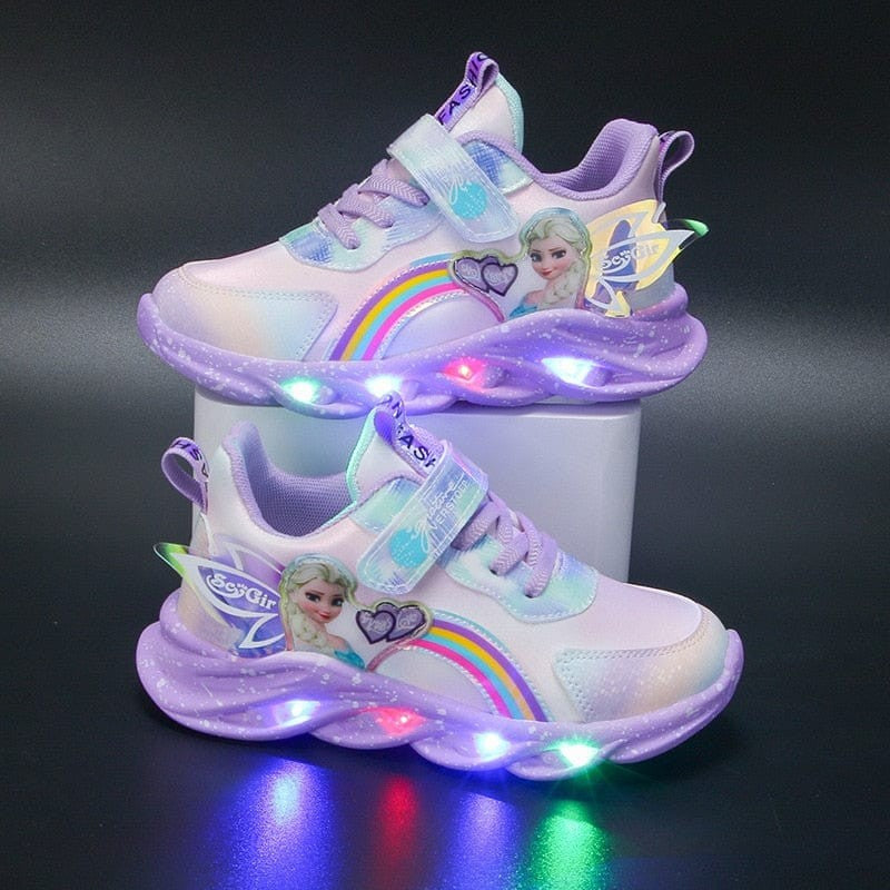 Leuchtende Kinder-Sneaker mit LED-Sohle, Klettverschluss und Regenbogen-Glitzer in Lila 1