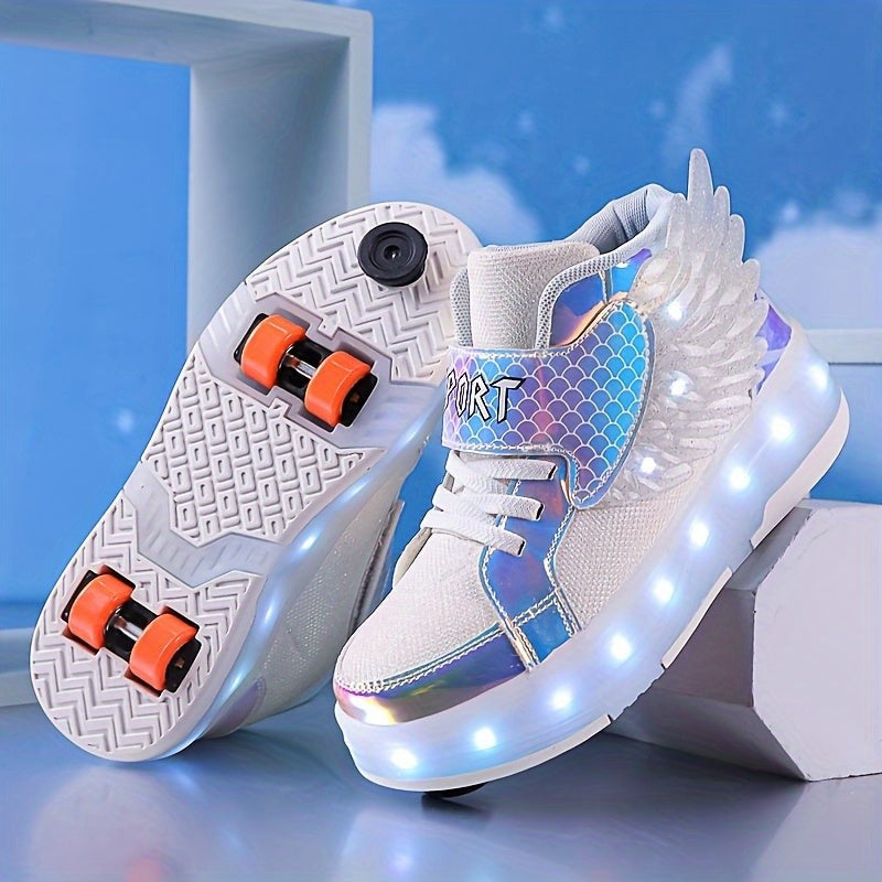 Leuchtende Rollschuh-Sneaker mit Flügeln, LED-Sohle und USB-Ladefunktion für Kinder und Teenager in Weiß
