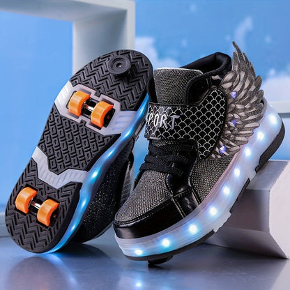 Leuchtende Rollschuh-Sneaker mit Flügeln, LED-Sohle und USB-Ladefunktion für Kinder und Teenager in Schwarz