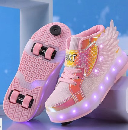 Leuchtende Rollschuh-Sneaker mit Flügeln, LED-Sohle und USB-Ladefunktion für Kinder und Teenager in Rosa